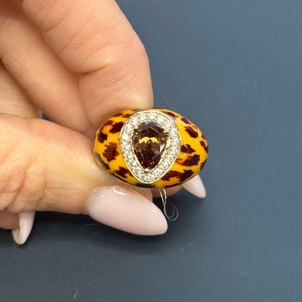 Suzy Levian Yellow Sterling Silver Animal Print Brown Cz & White Cz Ring Nwt